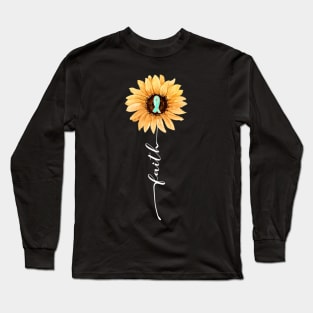 Faith Sunflower Teal Ribbon Cervical Cancer Awareness Long Sleeve T-Shirt